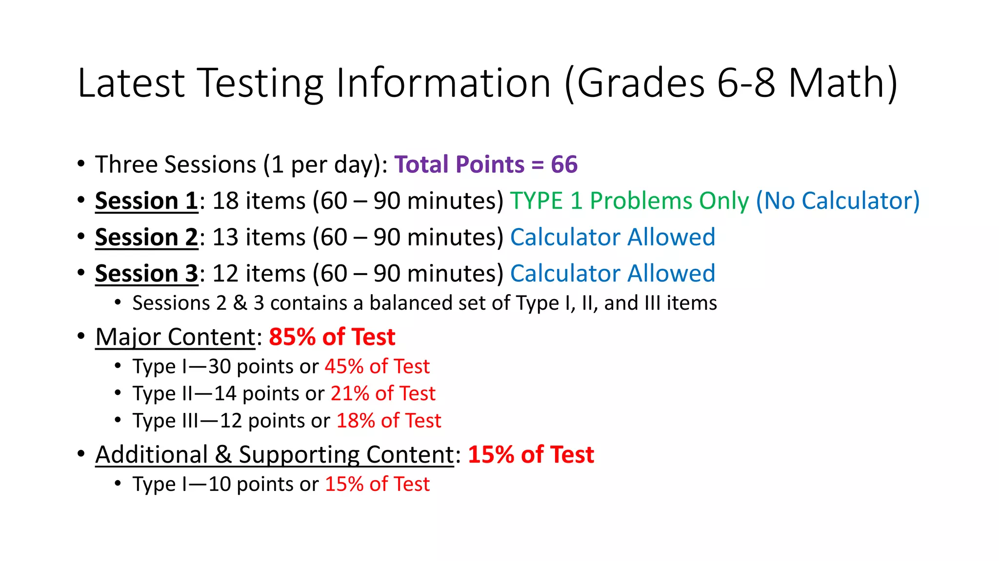 Latest Testing Information (Grades 6-8 Math)
• Three Sessions (1 per day): Total Points = 66
• Session 1: 18 items (60 – 90 minutes) TYPE 1 Problems Only (No Calculator)
• Session 2: 13 items (60 – 90 minutes) Calculator Allowed
• Session 3: 12 items (60 – 90 minutes) Calculator Allowed
• Sessions 2 & 3 contains a balanced set of Type I, II, and III items
• Major Content: 85% of Test
• Type I—30 points or 45% of Test
• Type II—14 points or 21% of Test
• Type III—12 points or 18% of Test
• Additional & Supporting Content: 15% of Test
• Type I—10 points or 15% of Test
 