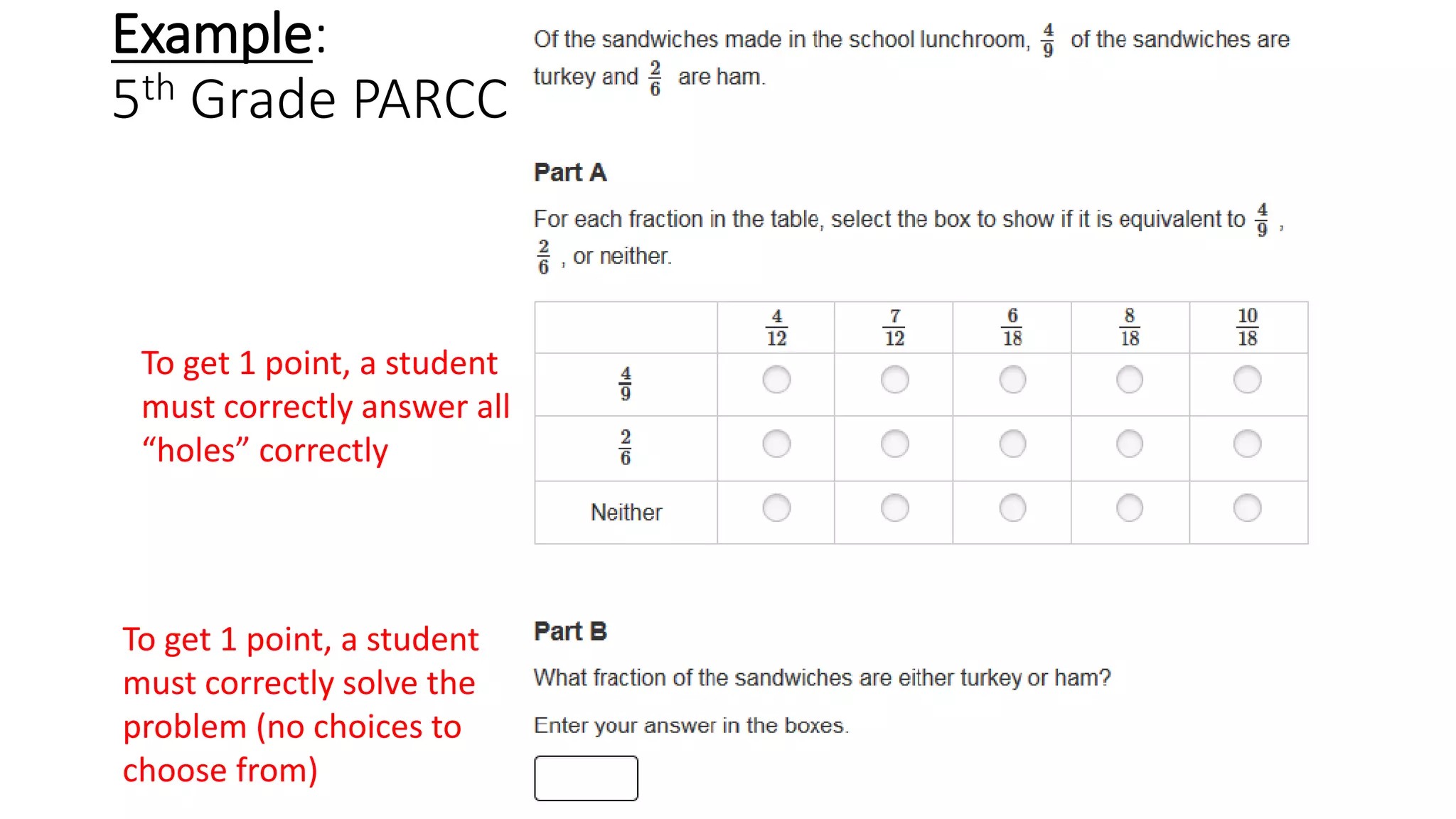 Example:
5th Grade PARCC
To get 1 point, a student
must correctly answer all
“holes” correctly
To get 1 point, a student
must correctly solve the
problem (no choices to
choose from)
 