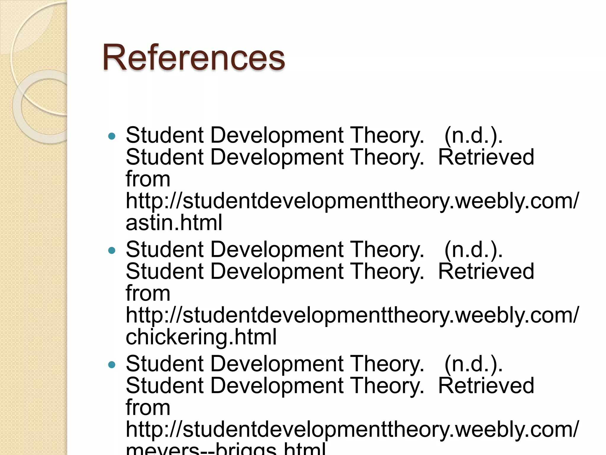 References
 Student Development Theory. (n.d.).
Student Development Theory. Retrieved
from
http://studentdevelopmenttheory.weebly.com/
astin.html
 Student Development Theory. (n.d.).
Student Development Theory. Retrieved
from
http://studentdevelopmenttheory.weebly.com/
chickering.html
 Student Development Theory. (n.d.).
Student Development Theory. Retrieved
from
http://studentdevelopmenttheory.weebly.com/
 