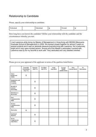 2
Relationship to Candidate
Please, specify your relationship to candidate:
Professional Educational X Personal X
How long have you known the candidate? Define your relationship with the candidate and the
circumstances whereby you met.
I met Lawrence while doing my Master of Management in Hong Kong with MGSM (Macquarie
Graduate School of Management) in 2004. We worked closely together for almost 2 years on
several projects and it was an absolute pleasure brainstorming with Lawrence. He is extremely
bright and a very open-minded person. Among all of the Master’s associates I worked with,
Lawrence was by far my favorite to work with. Very dedicated and very detailed oriented.
Please give us your appraisal of the applicant in terms of the qualities listed below.
Unusually
Outstanding
(top 1%)
Superior
(top 5%)
Excellent
(top 15%)
Good
(top third)
Average
Middle
(middle third)
Poor
(bottom third)
No
Information
Native
Intellectual
Ability
X
Imagination and
Probable
Creativity
X
Breadth of
General
Knowledge
X
Potential as a
Researcher X
Oral
Communication
Skills
X
Written
Communication
Skills
X
Motivation X
Emotional
Maturity X
Works
Cooperatively
with Others X
 