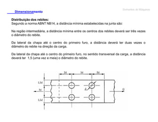 Dimensionamento

Elementos de Máquinas

Distribuição dos rebites:
Segundo a norma ABNT NB14, a distância mínima estabelecidas na junta são:
Na região intermediária, a distância mínima entre os centros dos rebites deverá ser três vezes
o diâmetro do rebite.
Da lateral da chapa até o centro do primeiro furo, a distância deverá ter duas vezes o
diâmetro do rebite na direção da carga.
Da lateral da chapa até o centro do primeiro furo, no sentido transversal da carga, a distância
deverá ter 1,5 (uma vez e meia) o diâmetro do rebite.

 