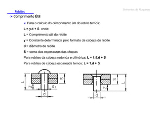 Rebites

 Comprimento Útil
 Para o cálculo do comprimento útil do rebite temos:
L = y.d + S onde:
L = Comprimento útil do rebite
y = Constante determinada pelo formato da cabeça do rebite
d = diâmetro do rebite
S = soma das espessuras das chapas
Para rebites da cabeça redonda e cilíndrica: L = 1,5.d + S
Para rebites de cabeça escareada temos: L = 1.d + S

Elementos de Máquinas

 