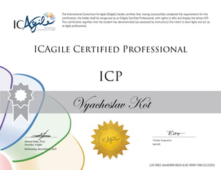 Ahmed Sidky, Ph.D.
Founder, ICAgile
The International Consortium for Agile (ICAgile) hereby certifies that, having successfully completed the requirements for this
certification, the holder shall be recognized as an ICAgile Certified Professional, with rights to affix and display the letters ICP.
This certification signifies that the student has demonstrated (as assessed by instructors) the intent to learn Agile and act as
an Agile professional.
ICAgile Certified Professional
ICP
Vyacheslav Kot
Timofey Yevgrashyn
AgileLAB
Wednesday, December 9, 2015
118-3862-a6446988-8629-4c82-9689-7d8b10131601
 