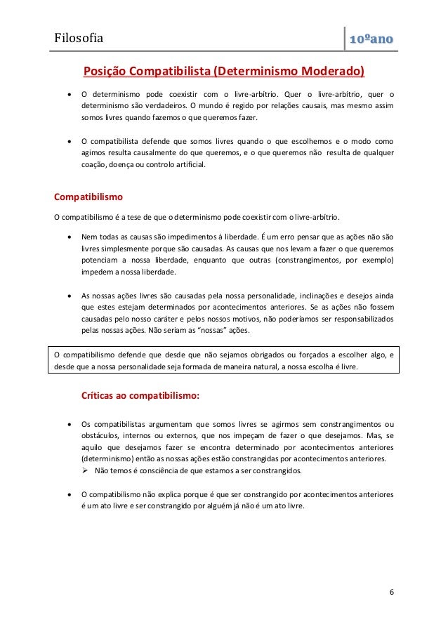 Filosofia 10ºano
6
O compatibilismo defende que desde que não sejamos obrigados ou forçados a escolher algo, e
desde que a nossa personalidade seja formada de maneira natural, a nossa escolha é livre.
Posição Compatibilista (Determinismo Moderado)
 O determinismo pode coexistir com o livre-arbítrio. Quer o livre-arbítrio, quer o
determinismo são verdadeiros. O mundo é regido por relações causais, mas mesmo assim
somos livres quando fazemos o que queremos fazer.
 O compatibilista defende que somos livres quando o que escolhemos e o modo como
agimos resulta causalmente do que queremos, e o que queremos não resulta de qualquer
coação, doença ou controlo artificial.
Compatibilismo
O compatibilismo é a tese de que o determinismo pode coexistir com o livre-arbítrio.
 Nem todas as causas são impedimentos à liberdade. É um erro pensar que as ações não são
livres simplesmente porque são causadas. As causas que nos levam a fazer o que queremos
potenciam a nossa liberdade, enquanto que outras (constrangimentos, por exemplo)
impedem a nossa liberdade.
 As nossas ações livres são causadas pela nossa personalidade, inclinações e desejos ainda
que estes estejam determinados por acontecimentos anteriores. Se as ações não fossem
causadas pelo nosso caráter e pelos nossos motivos, não poderíamos ser responsabilizados
pelas nossas ações. Não seriam as “nossas” ações.
Críticas ao compatibilismo:
 Os compatibilistas argumentam que somos livres se agirmos sem constrangimentos ou
obstáculos, internos ou externos, que nos impeçam de fazer o que desejamos. Mas, se
aquilo que desejamos fazer se encontra determinado por acontecimentos anteriores
(determinismo) então as nossas ações estão constrangidas por acontecimentos anteriores.
 Não temos é consciência de que estamos a ser constrangidos.
 O compatibilismo não explica porque é que ser constrangido por acontecimentos anteriores
é um ato livre e ser constrangido por alguém já não é um ato livre.
 