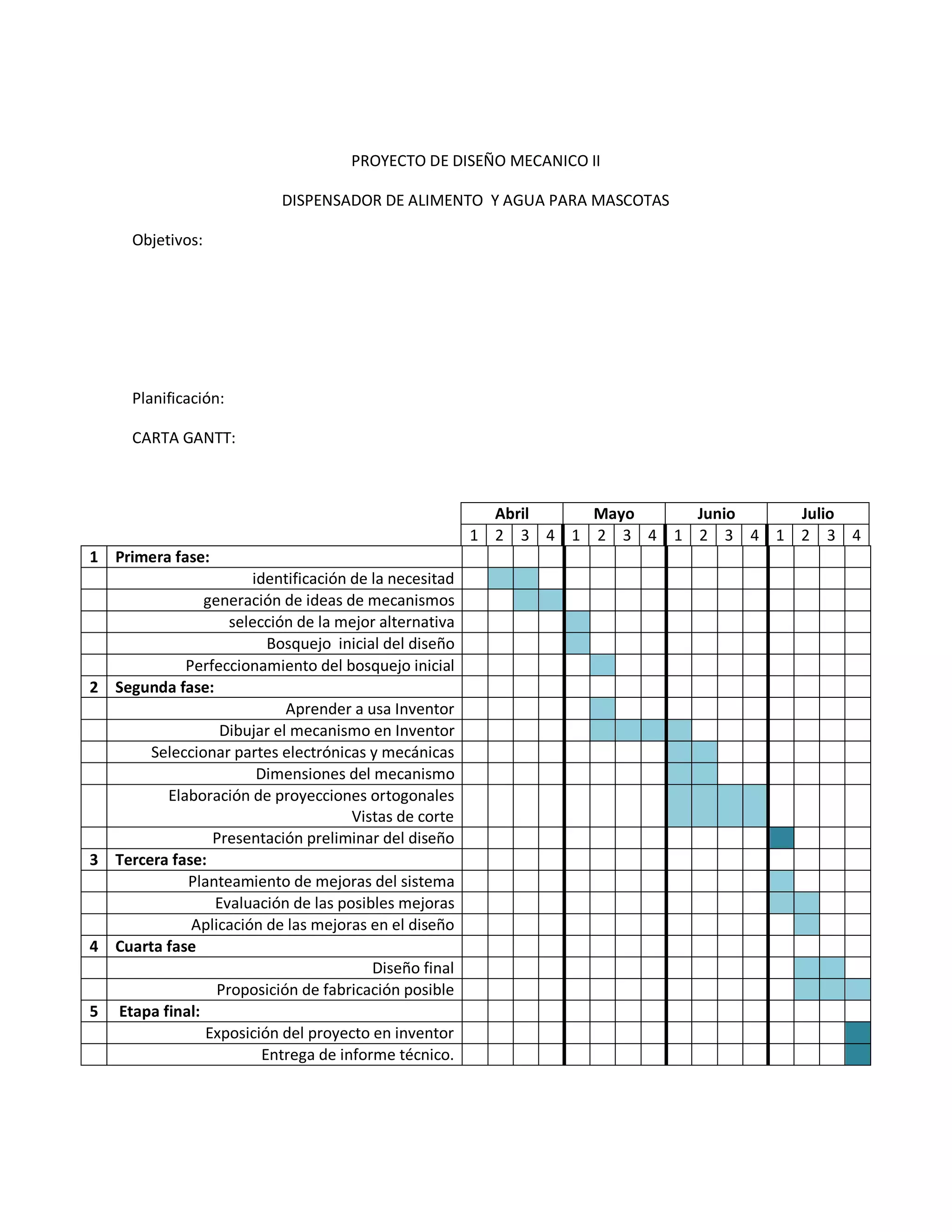 PROYECTO DE DISEÑO MECANICO II

                            DISPENSADOR DE ALIMENTO Y AGUA PARA MASCOTAS

      Objetivos:




      Planificación:

      CARTA GANTT:



                                                           Abril   Mayo    Junio   Julio
                                                         1 2 3 4 1 2 3 4 1 2 3 4 1 2 3 4
1 Primera fase:
                        identificación de la necesitad
                 generación de ideas de mecanismos
                     selección de la mejor alternativa
                           Bosquejo inicial del diseño
              Perfeccionamiento del bosquejo inicial
2   Segunda fase:
                             Aprender a usa Inventor
                   Dibujar el mecanismo en Inventor
         Seleccionar partes electrónicas y mecánicas
                         Dimensiones del mecanismo
           Elaboración de proyecciones ortogonales
                                       Vistas de corte
                  Presentación preliminar del diseño
3   Tercera fase:
              Planteamiento de mejoras del sistema
                  Evaluación de las posibles mejoras
               Aplicación de las mejoras en el diseño
4   Cuarta fase
                                          Diseño final
                   Proposición de fabricación posible
5   Etapa final:
                 Exposición del proyecto en inventor
                          Entrega de informe técnico.
 