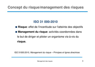 Concept du risque/management des risques
Risque: effet de l'incertitude sur l'atteinte des objectifs
Management du risque: activités coordonnées dans
ISO 31 000-2010
3
le but de diriger et piloter un organisme vis-à-vis du
risque.
ISO 31000:2010, Management du risque – Principes et lignes directrices
Management des risques
 