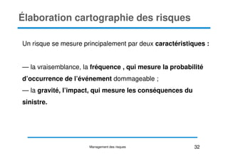 Un risque se mesure principalement par deux caractéristiques :
— la vraisemblance, la fréquence , qui mesure la probabilité
d’occurrence de l’événement dommageable ;
Élaboration cartographie des risques
d’occurrence de l’événement dommageable ;
— la gravité, l’impact, qui mesure les conséquences du
sinistre.
32
Management des risques
 
