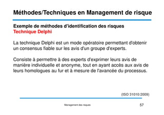 Exemple de méthodes d'identification des risques
Technique Delphi
La technique Delphi est un mode opératoire permettant d'obtenir
un consensus fiable sur les avis d'un groupe d'experts.
Consiste à permettre à des experts d'exprimer leurs avis de
Méthodes/Techniques en Management de risque
Consiste à permettre à des experts d'exprimer leurs avis de
manière individuelle et anonyme, tout en ayant accès aux avis de
leurs homologues au fur et à mesure de l'avancée du processus.
(ISO 31010:2009)
57
Management des risques
 