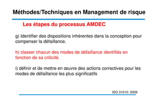 g) Identifier des dispositions inhérentes dans la conception pour
compenser la défaillance.
h) classer chacun des modes de défaillance identifiés en
fonction de sa criticité.
Les étapes du processus AMDEC
Méthodes/Techniques en Management de risque
fonction de sa criticité.
i) définir et de mettre en œuvre des actions correctives pour les
modes de défaillance les plus significatifs
ISO 31010: 2009
 