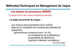 h) classer chacun des modes de défaillance identifiés
• le degré de priorité du risque :
- une mesure semi-quantitative de la criticité
- obtenue en multipliant les nombres des échelles de
Les étapes du processus AMDEC
Méthodes/Techniques en Management de risque
- obtenue en multipliant les nombres des échelles de
classement
(généralement comprise entre 1 et 10)
la conséquence de la défaillance,
la probabilité de défaillance
l’aptitude à détecter le problème.
ISO 31010: 2009
 