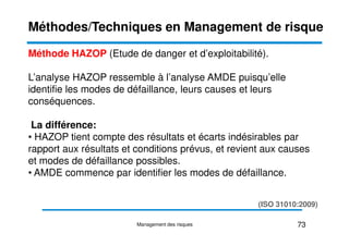 Méthode HAZOP (Etude de danger et d’exploitabilité).
L’analyse HAZOP ressemble à l’analyse AMDE puisqu’elle
identifie les modes de défaillance, leurs causes et leurs
conséquences.
La différence:
Méthodes/Techniques en Management de risque
La différence:
• HAZOP tient compte des résultats et écarts indésirables par
rapport aux résultats et conditions prévus, et revient aux causes
et modes de défaillance possibles.
• AMDE commence par identifier les modes de défaillance.
73
Management des risques
(ISO 31010:2009)
 