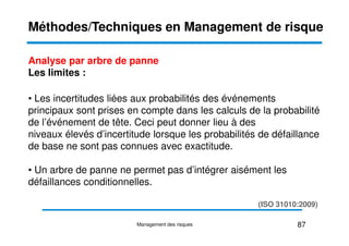 Analyse par arbre de panne
Les limites :
• Les incertitudes liées aux probabilités des événements
principaux sont prises en compte dans les calculs de la probabilité
de l’événement de tête. Ceci peut donner lieu à des
Méthodes/Techniques en Management de risque
de l’événement de tête. Ceci peut donner lieu à des
niveaux élevés d’incertitude lorsque les probabilités de défaillance
de base ne sont pas connues avec exactitude.
• Un arbre de panne ne permet pas d’intégrer aisément les
défaillances conditionnelles.
87
Management des risques
(ISO 31010:2009)
 