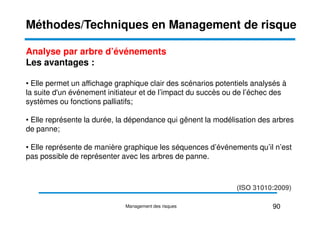 Analyse par arbre d’événements
Les avantages :
• Elle permet un affichage graphique clair des scénarios potentiels analysés à
la suite d'un événement initiateur et de l’impact du succès ou de l’échec des
systèmes ou fonctions palliatifs;
Méthodes/Techniques en Management de risque
• Elle représente la durée, la dépendance qui gênent la modélisation des arbres
de panne;
• Elle représente de manière graphique les séquences d’événements qu’il n’est
pas possible de représenter avec les arbres de panne.
90
Management des risques
(ISO 31010:2009)
 