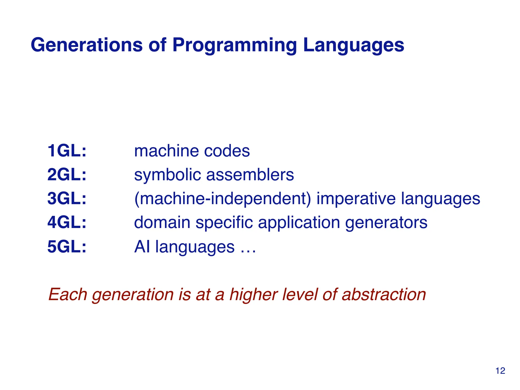 Generations of Programming Languages
1GL: machine codes
2GL: symbolic assemblers
3GL: (machine-independent) imperative languages
4GL: domain specific application generators
5GL: AI languages …
Each generation is at a higher level of abstraction
12
 