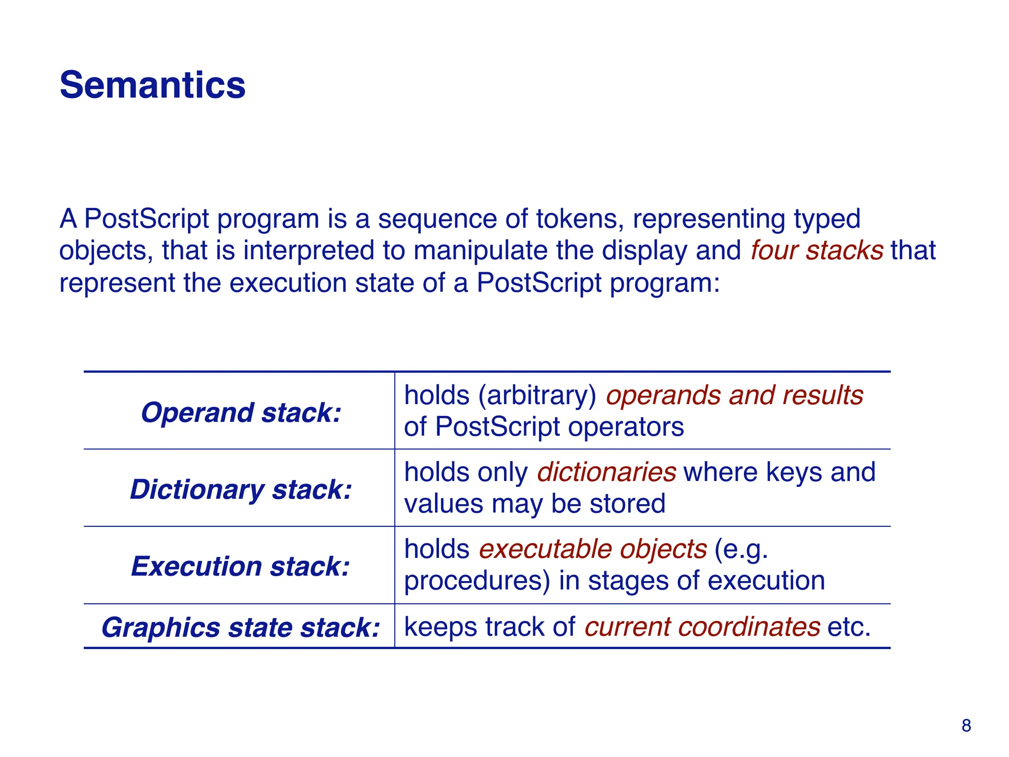 Semantics
A PostScript program is a sequence of tokens, representing typed
objects, that is interpreted to manipulate the display and four stacks that
represent the execution state of a PostScript program:
Operand stack:
holds (arbitrary) operands and results
of PostScript operators
Dictionary stack:
holds only dictionaries where keys and
values may be stored
Execution stack:
holds executable objects (e.g.
procedures) in stages of execution
Graphics state stack: keeps track of current coordinates etc.
8
 