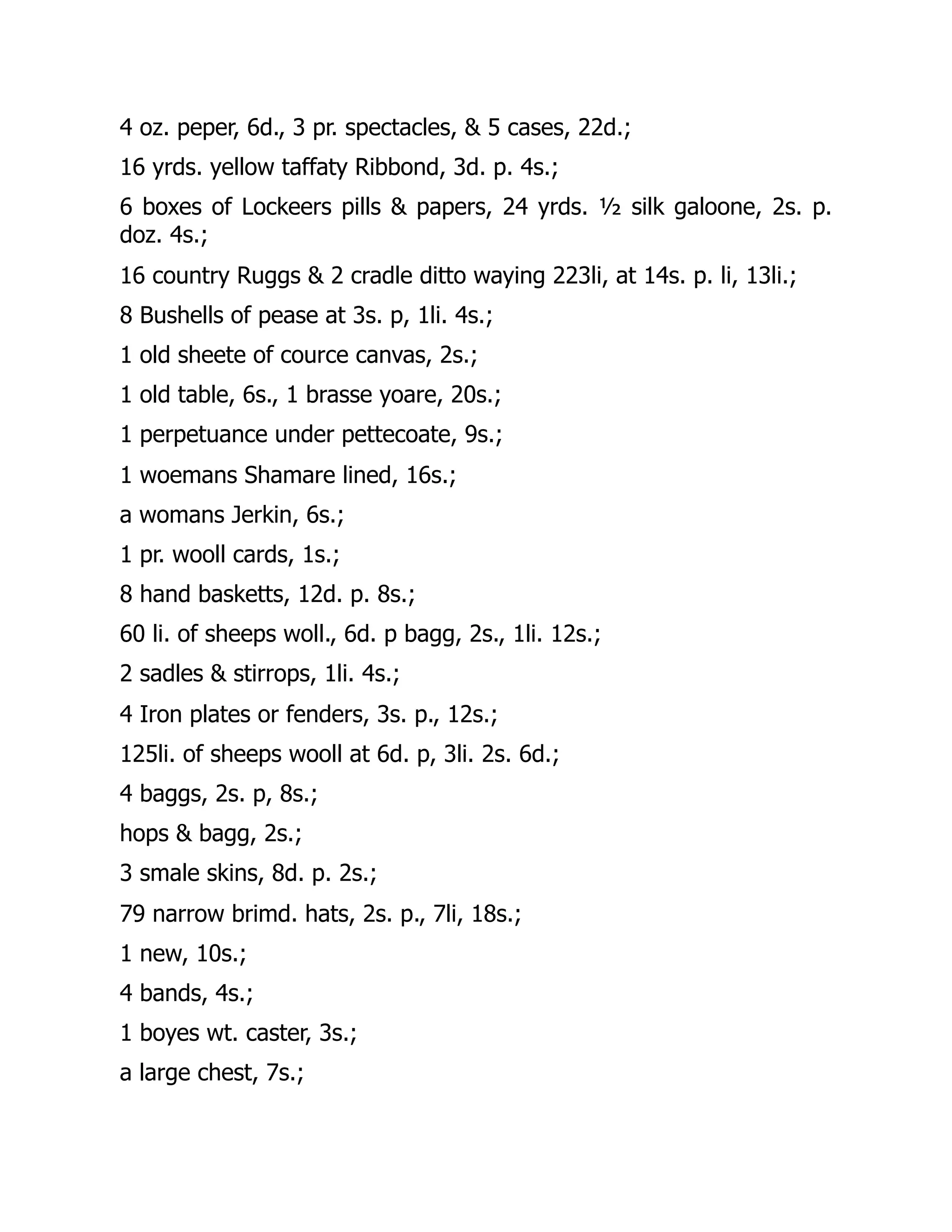 4 oz. peper, 6d., 3 pr. spectacles, & 5 cases, 22d.;
16 yrds. yellow taffaty Ribbond, 3d. p. 4s.;
6 boxes of Lockeers pills & papers, 24 yrds. ½ silk galoone, 2s. p.
doz. 4s.;
16 country Ruggs & 2 cradle ditto waying 223li, at 14s. p. li, 13li.;
8 Bushells of pease at 3s. p, 1li. 4s.;
1 old sheete of cource canvas, 2s.;
1 old table, 6s., 1 brasse yoare, 20s.;
1 perpetuance under pettecoate, 9s.;
1 woemans Shamare lined, 16s.;
a womans Jerkin, 6s.;
1 pr. wooll cards, 1s.;
8 hand basketts, 12d. p. 8s.;
60 li. of sheeps woll., 6d. p bagg, 2s., 1li. 12s.;
2 sadles & stirrops, 1li. 4s.;
4 Iron plates or fenders, 3s. p., 12s.;
125li. of sheeps wooll at 6d. p, 3li. 2s. 6d.;
4 baggs, 2s. p, 8s.;
hops & bagg, 2s.;
3 smale skins, 8d. p. 2s.;
79 narrow brimd. hats, 2s. p., 7li, 18s.;
1 new, 10s.;
4 bands, 4s.;
1 boyes wt. caster, 3s.;
a large chest, 7s.;
 