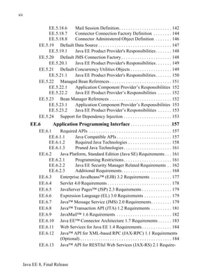 Java EE 8, Final Release
xii
EE.5.18.6 Mail Session Definition. . . . . . . . . . . . . . . . . . . . . . . 142
EE.5.18.7 Connector Connection Factory Definition . . . . . . . . 144
EE.5.18.8 Connector Administered Object Definition . . . . . . . 146
EE.5.19 Default Data Source . . . . . . . . . . . . . . . . . . . . . . . . . . . . . . . . 147
EE.5.19.1 Java EE Product Provider's Responsibilities. . . . . . . 148
EE.5.20 Default JMS Connection Factory . . . . . . . . . . . . . . . . . . . . . . 148
EE.5.20.1 Java EE Product Provider's Responsibilities. . . . . . . 149
EE.5.21 Default Concurrency Utilities Objects . . . . . . . . . . . . . . . . . . 149
EE.5.21.1 Java EE Product Provider's Responsibilities. . . . . . . 150
EE.5.22 Managed Bean References . . . . . . . . . . . . . . . . . . . . . . . . . . . 151
EE.5.22.1 Application Component Provider’s Responsibilities 152
EE.5.22.2 Java EE Product Provider’s Responsibilities . . . . . . 152
EE.5.23 Bean Manager References . . . . . . . . . . . . . . . . . . . . . . . . . . . 152
EE.5.23.1 Application Component Provider’s Responsibilities 153
EE.5.23.2 Java EE Product Provider’s Responsibilities . . . . . . 153
EE.5.24 Support for Dependency Injection . . . . . . . . . . . . . . . . . . . . . 153
EE.6 Application Programming Interface . . . . . . . . . . . . . . . . . .157
EE.6.1 Required APIs . . . . . . . . . . . . . . . . . . . . . . . . . . . . . . . . . . . . 157
EE.6.1.1 Java Compatible APIs . . . . . . . . . . . . . . . . . . . . . . . . 157
EE.6.1.2 Required Java Technologies . . . . . . . . . . . . . . . . . . . 158
EE.6.1.3 Pruned Java Technologies. . . . . . . . . . . . . . . . . . . . . 161
EE.6.2 Java Platform, Standard Edition (Java SE) Requirements . . . 161
EE.6.2.1 Programming Restrictions. . . . . . . . . . . . . . . . . . . . . 161
EE.6.2.2 Java EE Security Manager Related Requirements . . 162
EE.6.2.3 Additional Requirements. . . . . . . . . . . . . . . . . . . . . . 168
EE.6.3 Enterprise JavaBeans™ (EJB) 3.2 Requirements . . . . . . . . . 177
EE.6.4 Servlet 4.0 Requirements . . . . . . . . . . . . . . . . . . . . . . . . . . . . 178
EE.6.5 JavaServer Pages™ (JSP) 2.3 Requirements . . . . . . . . . . . . . 179
EE.6.6 Expression Language (EL) 3.0 Requirements . . . . . . . . . . . . 179
EE.6.7 Java™ Message Service (JMS) 2.0 Requirements. . . . . . . . . 179
EE.6.8 Java™ Transaction API (JTA) 1.2 Requirements . . . . . . . . . 181
EE.6.9 JavaMail™ 1.6 Requirements . . . . . . . . . . . . . . . . . . . . . . . . 182
EE.6.10 Java EE™ Connector Architecture 1.7 Requirements . . . . . . 183
EE.6.11 Web Services for Java EE 1.4 Requirements . . . . . . . . . . . . . 184
EE.6.12 Java™ API for XML-based RPC (JAX-RPC) 1.1 Requirements
(Optional) . . . . . . . . . . . . . . . . . . . . . . . . . . . . . . . . . . . . . . . . 184
EE.6.13 Java™ API for RESTful Web Services (JAX-RS) 2.1 Require-
 