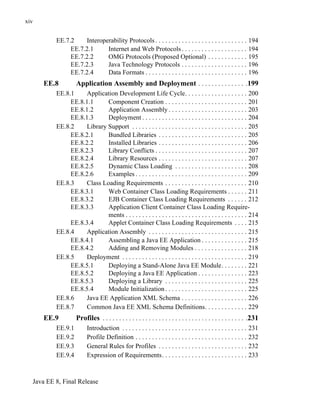Java EE 8, Final Release
xiv
EE.7.2 Interoperability Protocols . . . . . . . . . . . . . . . . . . . . . . . . . . . . 194
EE.7.2.1 Internet and Web Protocols. . . . . . . . . . . . . . . . . . . . 194
EE.7.2.2 OMG Protocols (Proposed Optional) . . . . . . . . . . . . 195
EE.7.2.3 Java Technology Protocols . . . . . . . . . . . . . . . . . . . . 196
EE.7.2.4 Data Formats . . . . . . . . . . . . . . . . . . . . . . . . . . . . . . . 196
EE.8 Application Assembly and Deployment . . . . . . . . . . . . . . .199
EE.8.1 Application Development Life Cycle. . . . . . . . . . . . . . . . . . . 200
EE.8.1.1 Component Creation . . . . . . . . . . . . . . . . . . . . . . . . . 201
EE.8.1.2 Application Assembly . . . . . . . . . . . . . . . . . . . . . . . . 203
EE.8.1.3 Deployment . . . . . . . . . . . . . . . . . . . . . . . . . . . . . . . . 204
EE.8.2 Library Support . . . . . . . . . . . . . . . . . . . . . . . . . . . . . . . . . . . 205
EE.8.2.1 Bundled Libraries . . . . . . . . . . . . . . . . . . . . . . . . . . . 205
EE.8.2.2 Installed Libraries . . . . . . . . . . . . . . . . . . . . . . . . . . . 206
EE.8.2.3 Library Conflicts . . . . . . . . . . . . . . . . . . . . . . . . . . . . 207
EE.8.2.4 Library Resources . . . . . . . . . . . . . . . . . . . . . . . . . . . 207
EE.8.2.5 Dynamic Class Loading . . . . . . . . . . . . . . . . . . . . . . 208
EE.8.2.6 Examples . . . . . . . . . . . . . . . . . . . . . . . . . . . . . . . . . . 209
EE.8.3 Class Loading Requirements . . . . . . . . . . . . . . . . . . . . . . . . . 210
EE.8.3.1 Web Container Class Loading Requirements . . . . . . 211
EE.8.3.2 EJB Container Class Loading Requirements . . . . . . 212
EE.8.3.3 Application Client Container Class Loading Require-
ments . . . . . . . . . . . . . . . . . . . . . . . . . . . . . . . . . . . . . 214
EE.8.3.4 Applet Container Class Loading Requirements . . . . 215
EE.8.4 Application Assembly . . . . . . . . . . . . . . . . . . . . . . . . . . . . . . 215
EE.8.4.1 Assembling a Java EE Application . . . . . . . . . . . . . . 215
EE.8.4.2 Adding and Removing Modules . . . . . . . . . . . . . . . . 218
EE.8.5 Deployment . . . . . . . . . . . . . . . . . . . . . . . . . . . . . . . . . . . . . . 219
EE.8.5.1 Deploying a Stand-Alone Java EE Module. . . . . . . . 221
EE.8.5.2 Deploying a Java EE Application . . . . . . . . . . . . . . . 223
EE.8.5.3 Deploying a Library . . . . . . . . . . . . . . . . . . . . . . . . . 225
EE.8.5.4 Module Initialization. . . . . . . . . . . . . . . . . . . . . . . . . 225
EE.8.6 Java EE Application XML Schema . . . . . . . . . . . . . . . . . . . . 226
EE.8.7 Common Java EE XML Schema Definitions. . . . . . . . . . . . . 229
EE.9 Profiles . . . . . . . . . . . . . . . . . . . . . . . . . . . . . . . . . . . . . . . . . . . .231
EE.9.1 Introduction . . . . . . . . . . . . . . . . . . . . . . . . . . . . . . . . . . . . . . 231
EE.9.2 Profile Definition . . . . . . . . . . . . . . . . . . . . . . . . . . . . . . . . . . 232
EE.9.3 General Rules for Profiles . . . . . . . . . . . . . . . . . . . . . . . . . . . 232
EE.9.4 Expression of Requirements. . . . . . . . . . . . . . . . . . . . . . . . . . 233
 