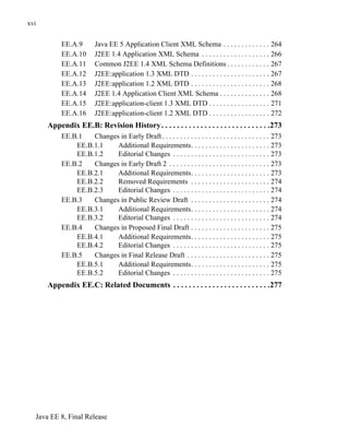 Java EE 8, Final Release
xvi
EE.A.9 Java EE 5 Application Client XML Schema . . . . . . . . . . . . . 264
EE.A.10 J2EE 1.4 Application XML Schema . . . . . . . . . . . . . . . . . . . 266
EE.A.11 Common J2EE 1.4 XML Schema Definitions . . . . . . . . . . . . 267
EE.A.12 J2EE:application 1.3 XML DTD . . . . . . . . . . . . . . . . . . . . . . 267
EE.A.13 J2EE:application 1.2 XML DTD . . . . . . . . . . . . . . . . . . . . . . 268
EE.A.14 J2EE 1.4 Application Client XML Schema . . . . . . . . . . . . . . 268
EE.A.15 J2EE:application-client 1.3 XML DTD . . . . . . . . . . . . . . . . . 271
EE.A.16 J2EE:application-client 1.2 XML DTD . . . . . . . . . . . . . . . . . 272
Appendix EE.B: Revision History. . . . . . . . . . . . . . . . . . . . . . . . . . . .273
EE.B.1 Changes in Early Draft. . . . . . . . . . . . . . . . . . . . . . . . . . . . . . 273
EE.B.1.1 Additional Requirements. . . . . . . . . . . . . . . . . . . . . . 273
EE.B.1.2 Editorial Changes . . . . . . . . . . . . . . . . . . . . . . . . . . . 273
EE.B.2 Changes in Early Draft 2 . . . . . . . . . . . . . . . . . . . . . . . . . . . . 273
EE.B.2.1 Additional Requirements. . . . . . . . . . . . . . . . . . . . . . 273
EE.B.2.2 Removed Requirements . . . . . . . . . . . . . . . . . . . . . . 274
EE.B.2.3 Editorial Changes . . . . . . . . . . . . . . . . . . . . . . . . . . . 274
EE.B.3 Changes in Public Review Draft . . . . . . . . . . . . . . . . . . . . . . 274
EE.B.3.1 Additional Requirements. . . . . . . . . . . . . . . . . . . . . . 274
EE.B.3.2 Editorial Changes . . . . . . . . . . . . . . . . . . . . . . . . . . . 274
EE.B.4 Changes in Proposed Final Draft . . . . . . . . . . . . . . . . . . . . . . 275
EE.B.4.1 Additional Requirements. . . . . . . . . . . . . . . . . . . . . . 275
EE.B.4.2 Editorial Changes . . . . . . . . . . . . . . . . . . . . . . . . . . . 275
EE.B.5 Changes in Final Release Draft . . . . . . . . . . . . . . . . . . . . . . . 275
EE.B.5.1 Additional Requirements. . . . . . . . . . . . . . . . . . . . . . 275
EE.B.5.2 Editorial Changes . . . . . . . . . . . . . . . . . . . . . . . . . . . 275
Appendix EE.C: Related Documents . . . . . . . . . . . . . . . . . . . . . . . . .277
 