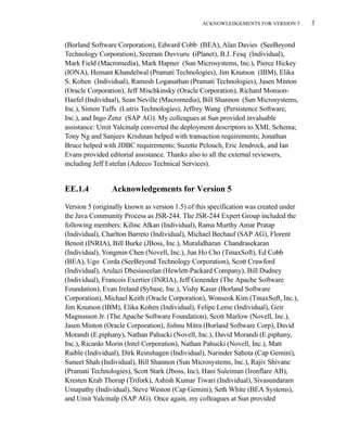 ACKNOWLEDGEMENTS FOR VERSION 5 3
(Borland Software Corporation), Edward Cobb (BEA), Alan Davies (SeeBeyond
Technology Corporation), Sreeram Duvvuru (iPlanet), B.J. Fesq (Individual),
Mark Field (Macromedia), Mark Hapner (Sun Microsystems, Inc.), Pierce Hickey
(IONA), Hemant Khandelwal (Pramati Technologies), Jim Knutson (IBM), Elika
S. Kohen (Individual), Ramesh Loganathan (Pramati Technologies), Jasen Minton
(Oracle Corporation), Jeff Mischkinsky (Oracle Corporation), Richard Monson-
Haefel (Individual), Sean Neville (Macromedia), Bill Shannon (Sun Microsystems,
Inc.), Simon Tuffs (Lutris Technologies), Jeffrey Wang (Persistence Software,
Inc.), and Ingo Zenz (SAP AG). My colleagues at Sun provided invaluable
assistance: Umit Yalcinalp converted the deployment descriptors to XML Schema;
Tony Ng and Sanjeev Krishnan helped with transaction requirements; Jonathan
Bruce helped with JDBC requirements; Suzette Pelouch, Eric Jendrock, and Ian
Evans provided editorial assistance. Thanks also to all the external reviewers,
including Jeff Estefan (Adecco Technical Services).
EE.1.4 Acknowledgements for Version 5
Version 5 (originally known as version 1.5) of this specification was created under
the Java Community Process as JSR-244. The JSR-244 Expert Group included the
following members: Kilinc Alkan (Individual), Rama Murthy Amar Pratap
(Individual), Charlton Barreto (Individual), Michael Bechauf (SAP AG), Florent
Benoit (INRIA), Bill Burke (JBoss, Inc.), Muralidharan Chandrasekaran
(Individual), Yongmin Chen (Novell, Inc.), Jun Ho Cho (TmaxSoft), Ed Cobb
(BEA), Ugo Corda (SeeBeyond Technology Corporation), Scott Crawford
(Individual), Arulazi Dhesiaseelan (Hewlett-Packard Company), Bill Dudney
(Individual), Francois Exertier (INRIA), Jeff Genender (The Apache Software
Foundation), Evan Ireland (Sybase, Inc.), Vishy Kasar (Borland Software
Corporation), Michael Keith (Oracle Corporation), Wonseok Kim (TmaxSoft, Inc.),
Jim Knutson (IBM), Elika Kohen (Individual), Felipe Leme (Individual), Geir
Magnusson Jr. (The Apache Software Foundation), Scott Marlow (Novell, Inc.),
Jasen Minton (Oracle Corporation), Jishnu Mitra (Borland Software Corp), David
Morandi (E.piphany), Nathan Pahucki (Novell, Inc.), David Morandi (E.piphany,
Inc.), Ricardo Morin (Intel Corporation), Nathan Pahucki (Novell, Inc.), Matt
Raible (Individual), Dirk Reinshagen (Individual), Narinder Sahota (Cap Gemini),
Suneet Shah (Individual), Bill Shannon (Sun Microsystems, Inc.), Rajiv Shivane
(Pramati Technologies), Scott Stark (Jboss, Inc), Hani Suleiman (Ironflare AB),
Kresten Krab Thorup (Trifork), Ashish Kumar Tiwari (Individual), Sivasundaram
Umapathy (Individual), Steve Weston (Cap Gemini), Seth White (BEA Systems),
and Umit Yalcinalp (SAP AG). Once again, my colleagues at Sun provided
 