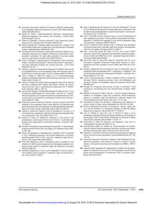 15. de Jong D, Vasmel WL, de Boer JP, Verhave G, Barbe E, Casparie MK,
et al. Anaplastic large-cell lymphoma in women with breast implants.
JAMA 2008;300:2030–5.
16. Kempf W. CD30þ Lymphoproliferative Disorders: histopathology,
differential diagnosis, new variants, and simulators. J Cutan Pathol
2006;33 Suppl 1:58–70.
17. Rosen ST, Querfeld C. Primary cutaneous T-cell Lymphomas. Hema-
tology Am Soc Hematol Educ Program 2006;323–30.
18. Falini B, Martelli MP. Anaplastic large cell lymphoma: changes in the
World Health Organization classiﬁcation and perspectives for targeted
therapy. Haematologica 2009;94:897–900.
19. Fritzsche FR, Pahl S, Petersen I, Burkhardt M, Dankof A, Dietel M, et al.
Anaplastic large-cell non-Hodgkin's lymphoma of the breast in peri-
prosthetic localisation 32 years after treatment for primary breast
cancer–a case report. Virchows Arch 2006;449:561–4.
20. Vose J, Armitage J, Weisenburger D; International T-Cell Lymphoma
Project. International peripheral T-cell and natural killer/T-cell lympho-
ma study: pathology ﬁndings and clinical outcomes. J Clin Oncol
2008;26:4124–30.
21. Lamant L, Espinos E, Duplantier M, Dastugue N, Robert A, Allouche M,
et al. Establishment of a novel anaplastic large-cell lymphoma-cell line
(COST) from a 'small-cell variant' of ALCL. Leukemia 2004;18:1693–8.
22. Juco J, Holden JT, Mann KP, Kelley LG, Li S. Immunophenotypic
analysis of anaplastic large cell lymphoma by ﬂow cytometry. Am J Clin
Pathol 2003;119:205–12.
23. Herbst H, Drexler HG. CD30-positive anaplastic large cell lymphoma
cell lines. In:Masters JRW, Palsson BO, editors. Human cell culture:
cancer cell lines. Part 3. Leukemias and lymphomas. Vol. 3. Nether-
lands: Springer; 2000. p. 355–70.
24. Lechner MG, Megiel C, Russell SM, Bingham B, Arger N, Woo T, et al.
Functional characterization of human Cd33þ and Cd11bþ myeloid-
derived suppressor cell subsets induced from peripheral blood mono-
nuclear cells co-cultured with a diverse set of human tumor cell lines. J
Transl Med 2011;9:90.
25. Theriault C, Galoin S, Valmary S, Selves J, Lamant L, Roda D, et al. PCR
analysis of immunoglobulin heavy chain (IgH) and TcR-gamma chain
gene rearrangements in thediagnosisof lymphoproliferativedisorders:
results of a study of 525 cases. Mod Pathol 2000;13:1269–79.
26. Venard V, Carret AS, Pascal N, Rihn B, Bordigoni P, Le Faou A. A
convenient semi-quantitative method for the diagnosis of Epstein-Barr
virus reactivation. Arch Virol 2000;145:2211–6.
27. Pawson R, Schulz TF, Matutes E, Catovsky D. The human T-cell
lymphotropic viruses types I/II are not involved in T prolymphocytic
leukemia and large granular lymphocytic leukemia. Leukemia 1997;
11:1305–11.
28. DrexlerHG. Anaplastic large cell lymphoma cell lines. In: Theleukemia-
lymphoma cell line facts book. San Diego, CA: Academic Press; 2001.
p. 487–503.
29. Khoury JD, Medeiros LJ, Rassidakis GZ, Yared MA, Tsioli P, Leventaki
V, et al. Differential expression and clinical signiﬁcance of tyrosine-
phosphorylated STAT3 in ALKþ
and ALK- anaplastic large cell lym-
phoma. Clin Cancer Res 2003;9:3692–9.
30. Amin HM, Medeiros LJ, Ma Y, Feretzaki M, Das P, Leventaki V, et al.
Inhibition of JAK3 induces apoptosis and decreases anaplastic lym-
phoma kinase activity in anaplastic large cell lymphoma. Oncogene
2003;22:5399–407.
31. Schlette E, Medeiros LJ, Goy A, Lai R, Rassidakis G. Survivin expres-
sion predicts poorer prognosis in anaplastic large-cell lymphoma. J
Clin Oncol 2004;22:1682–8.
32. Iqbal J, Weisenburger DD, Greiner TC, Vose JM, McKeithan T, Kucuk
C, et al. Molecular signatures to improve diagnosis in peripheral T-cell
lymphoma and prognostication in angioimmunoblastic T-cell lympho-
ma. Blood 2010;115:1026–36.
33. Han Y, Amin HM, Frantz C, Franko B, Lee J, Lin Q, et al. Restoration of
shp1 expression by 5-AZA-20
-deoxycytidine is associated with down-
regulation of JAK3/STAT3 signaling in ALK-positive anaplastic large
cell lymphoma. Leukemia 2006;20:1602–9.
34. Zamo A, Chiarle R, Piva R, Howes J, Fan Y, Chilosi M, et al. Anaplastic
lymphoma kinase (ALK) activates Stat3 and protects hematopoietic
cells from cell death. Oncogene 2002;21:1038–47.
35. Han Y, Amin HM, Franko B, Frantz C, Shi X, Lai R. Loss of SHP1
enhances JAK3/STAT3 signaling and decreases proteosome degra-
dation of JAK3 and NPM-ALK in ALK þanaplastic large-cell lympho-
ma. Blood 2006;108:2796–803.
36. Kwon MJ, Choi YL, Sung KW, Kang SY, Park SM, Choi SY, et al.
Oncogenic anaplastic lymphoma kinase (ALK) mutation in neuro-
blastomas and other pediatric tumors. Pathol Res Pract 2011;207:
634–9.
37. Zhang Q, Raghunath PN, Vonderheid E, Odum N, Wasik MA. Lack of
phosphotyrosine phosphatase SHP-1 expression in malignant T-cell
lymphoma cells results from methylation of the SHP-1 promoter. Am J
Pathol 2000;157:1137–46.
38. Jundt F, Anagnostopoulos I, F€orster R, Mathas S, Stein H, D€orken B.
Activated Notch1 signaling promotes tumor cell proliferation and
survival in Hodgkin and anaplastic large cell lymphoma. Blood 2002;
99:3398–403.
39. Savage KJ. Prognosis and primary therapy in peripheral T-cell
lymphomas. Hematology Am Soc Hematol Educ Program 2008;
280–8.
40. Merkel O, Hamacher F, Sifft E, Kenner L, Greil R; European Research
Initiative on Anaplastic Large Cell Lymphoma. Novel therapeutic
options in anaplastic large cell lymphoma: molecular targets and
immunological tools. Mol Cancer Ther 2011;10:1127–36.
41. Talmadge JE, Donkor M, Scholar E. Inﬂammatory cell inﬁltration of
tumors: Jekyll or Hyde. Cancer Metastasis Rev 2007;26:373–400.
42. Scuto A, Kujawski M, Kowolik C, Krymskaya L, Wang L, Weiss LM,
et al. STAT3 inhibition is a therapeutic strategy for ABC-like diffuse
large B-cell lymphoma. Cancer Res 2011;71:3182–8.
43. Lam LT, Wright G, Davis RE, Lenz G, Farinha P, Dang L, et al.
Cooperative signaling through the signal transducer and activator of
transcription 3 and nuclear factor-kB pathways in subtypes of diffuse
large B-cell lymphoma. Blood 2008;111:3701–13.
44. Grivennikov S, Karin M. Autocrine IL-6 signaling: a key event in
tumorigenesis? Cancer Cell 2008;13:7–9.
45. Lechner MG, Liebertz DJ, Epstein AL. Characterization of cytokine-
induced myeloid-derived suppressor cells from normal human periph-
eral blood mononuclear cells. J Immunol 2010;185:2273–84.
46. Stewart TJ, Smyth MJ. Improving cancer immunotherapy by targeting
tumor-induced immune suppression. Cancer Metastasis Rev 2011;30:
125–40.
47. Yamada G, Kitamura Y, Sonoda H, Harada H, Taki S, Mulligan RC, et al.
Retroviral expression of the human IL-2 gene in a murine T cell line
results in cell growth autonomy and tumorigenicity. EMBO J 1987;6:
2705–9.
48. Hassuneh MR, Nagarkatti PS, Nagarkatti M. Evidence for the partic-
ipation of interleukin-2 (IL-2) and IL-4 in the regulation of autonomous
growth and tumorigenesis of transformed cells of lymphoid origin.
Blood 1997;89:610–20.
Breast Implant ALCL
www.aacrjournals.org Clin Cancer Res; 18(17) September 1, 2012 4559
on August 18, 2015. © 2012 American Association for Cancer Research.clincancerres.aacrjournals.orgDownloaded from
Published OnlineFirst July 12, 2012; DOI: 10.1158/1078-0432.CCR-12-0101
 
