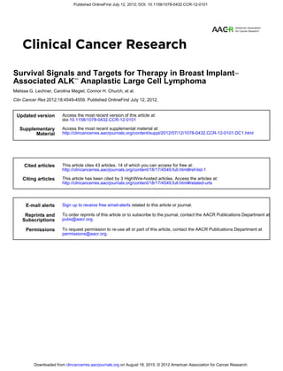 2012;18:4549-4559. Published OnlineFirst July 12, 2012.Clin Cancer Res
Melissa G. Lechner, Carolina Megiel, Connor H. Church, et al.
Anaplastic Large Cell Lymphoma−Associated ALK
−Survival Signals and Targets for Therapy in Breast Implant
Updated version
10.1158/1078-0432.CCR-12-0101doi:
Access the most recent version of this article at:
Material
Supplementary
http://clincancerres.aacrjournals.org/content/suppl/2012/07/12/1078-0432.CCR-12-0101.DC1.html
Access the most recent supplemental material at:
Cited articles
http://clincancerres.aacrjournals.org/content/18/17/4549.full.html#ref-list-1
This article cites 43 articles, 14 of which you can access for free at:
Citing articles
http://clincancerres.aacrjournals.org/content/18/17/4549.full.html#related-urls
This article has been cited by 3 HighWire-hosted articles. Access the articles at:
E-mail alerts related to this article or journal.Sign up to receive free email-alerts
Subscriptions
Reprints and
.pubs@aacr.org
To order reprints of this article or to subscribe to the journal, contact the AACR Publications Department at
Permissions
.permissions@aacr.org
To request permission to re-use all or part of this article, contact the AACR Publications Department at
on August 18, 2015. © 2012 American Association for Cancer Research.clincancerres.aacrjournals.orgDownloaded from
Published OnlineFirst July 12, 2012; DOI: 10.1158/1078-0432.CCR-12-0101
 