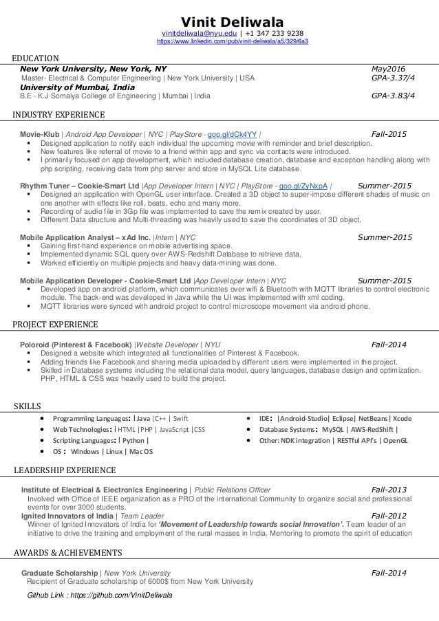 github link httpsgithubcomvinitdeliwala vinit deliwala vinitdeliwala linkedin link on resume