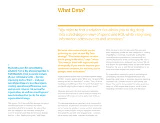 What Data?
<
The best reason for consolidating
solutions from a Big Data perspective is
that it leads to more accurate analysis
of your individual events – thereby
improving each of them – and your
overall meetings and events program,
creating operational efficiencies, cost-
savings and reduced risk across the
organization, as well as a meetings and
events strategy that ties to the larger
organization strategy.
“With around 7 to 12 percent of the average company’s
overall budget spent on meetings and events,
organizations that fail to recognize the value of their
data and intelligence are potentially wasting that
seven to 12 percent, and likely do not have a strategic
direction for their meetings programs,” says Dwyer.
But what information should you be
gathering as a part of your Big Data
strategy? “That really depends on what
you’re going to do with it,” says Carrara.
“You need to think both logistically and
strategically. If you want to improve your
conference sessions, for instance, you’re
going to need evaluations.”
Dwyer would like to see more organizations gather data to
test their progress against goals. “What were the goals of this
meeting and did you meet them?” he asks. “Then, of all the
meetings you held this year, how many met their goals? Can
you identify why the others failed to meet their goals?”
Obviously, you want to track all your spend categories
and travel and hotel data in order to find cost-savings and
operational efficiencies, as well as gather data for future
negotiations.
The attendee experience is another critical component to
be measured. An attendees’ perception of your events can
aid in shaping not only future events, and their relationship
with your brand, but also how you might best reach them
throughout the year with other engagements – webinars,
virtual events, road shows, customer roundtables, etc.
While not sexy or new, the data culled from your post-
event survey may provide the best intelligence for creating
impactful future meetings, including the quality of the
content (speakers, presentations, entertainment, etc.)
and the effectiveness of the core messaging. “We have a
strong connection to our audience,” says Carrara. “We not
only do pre- and post-event surveys, but we survey alumni
throughout the year, as well. We test new initiatives so we
know how to best engage with people onsite.”
For organizations realizing the value of automating and
consolidating the events management function and
supporting a wide range of processes (sourcing, marketing,
registration, etc.), analytics should be a top priority, says
Dwyer. “You need to find a solution that allows you to dig
deep into a 360-degree view of spend and ROI, while
integrating information across events and attendees.”
“You need to find a solution that allows you to dig deep
	into a 360-degree view of spend and ROI, while integrating
	information across events and attendees.”
 