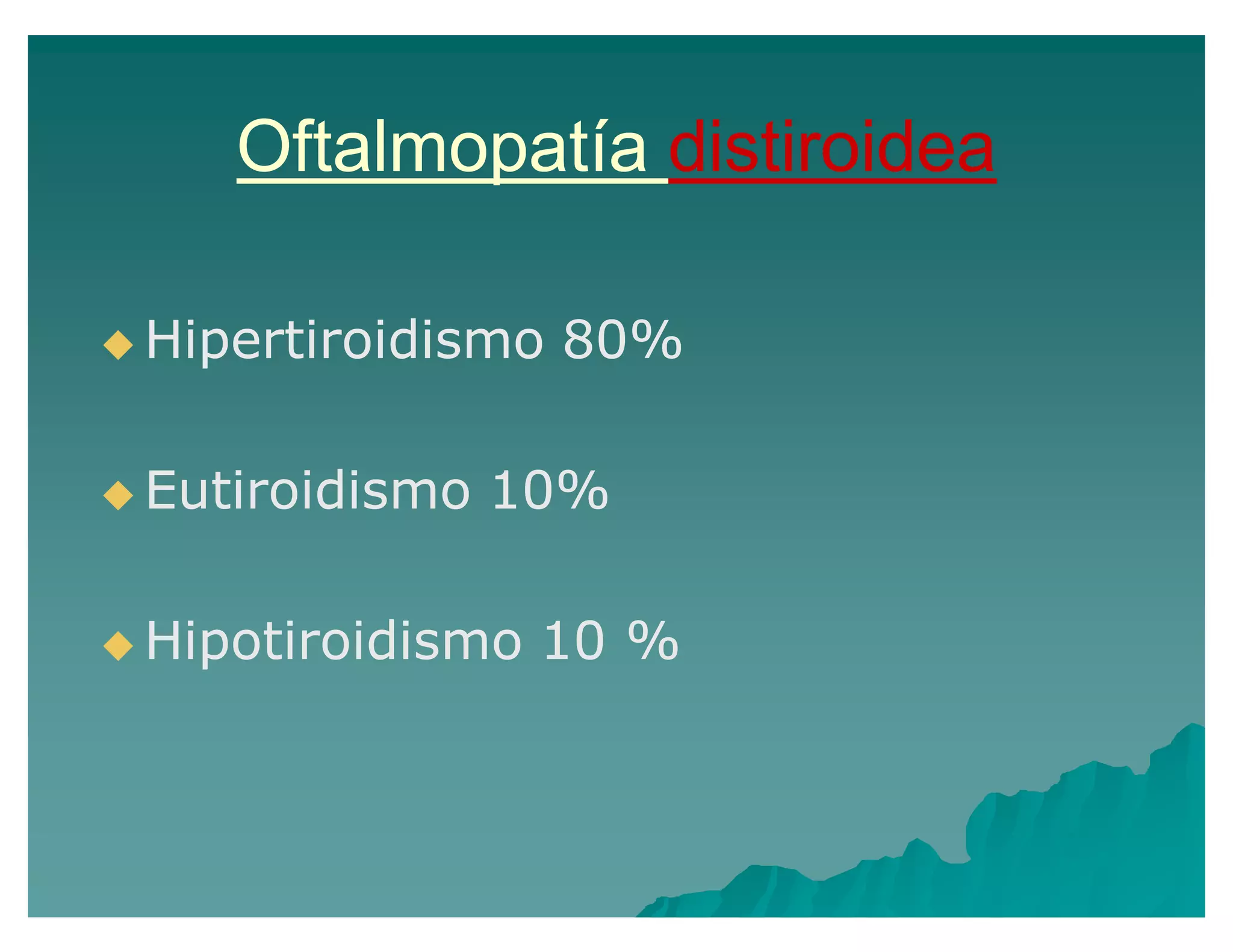 Oftalmopatía distiroidea
Hipertiroidismo 80%
Eutiroidismo 10%
Hipotiroidismo 10 %