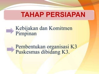 TAHAP PERSIAPAN
Kebijakan dan Komitmen
Pimpinan
Pembentukan organisasi K3
Puskesmas dibidang K3.
 