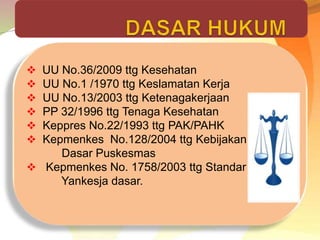  UU No.36/2009 ttg Kesehatan
 UU No.1 /1970 ttg Keslamatan Kerja
 UU No.13/2003 ttg Ketenagakerjaan
 PP 32/1996 ttg Tenaga Kesehatan
 Keppres No.22/1993 ttg PAK/PAHK
 Kepmenkes No.128/2004 ttg Kebijakan
Dasar Puskesmas
 Kepmenkes No. 1758/2003 ttg Standar
Yankesja dasar.
 