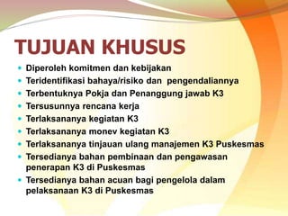 TUJUAN KHUSUS
 Diperoleh komitmen dan kebijakan
 Teridentifikasi bahaya/risiko dan pengendaliannya
 Terbentuknya Pokja dan Penanggung jawab K3
 Tersusunnya rencana kerja
 Terlaksananya kegiatan K3
 Terlaksananya monev kegiatan K3
 Terlaksananya tinjauan ulang manajemen K3 Puskesmas
 Tersedianya bahan pembinaan dan pengawasan
penerapan K3 di Puskesmas
 Tersedianya bahan acuan bagi pengelola dalam
pelaksanaan K3 di Puskesmas
 