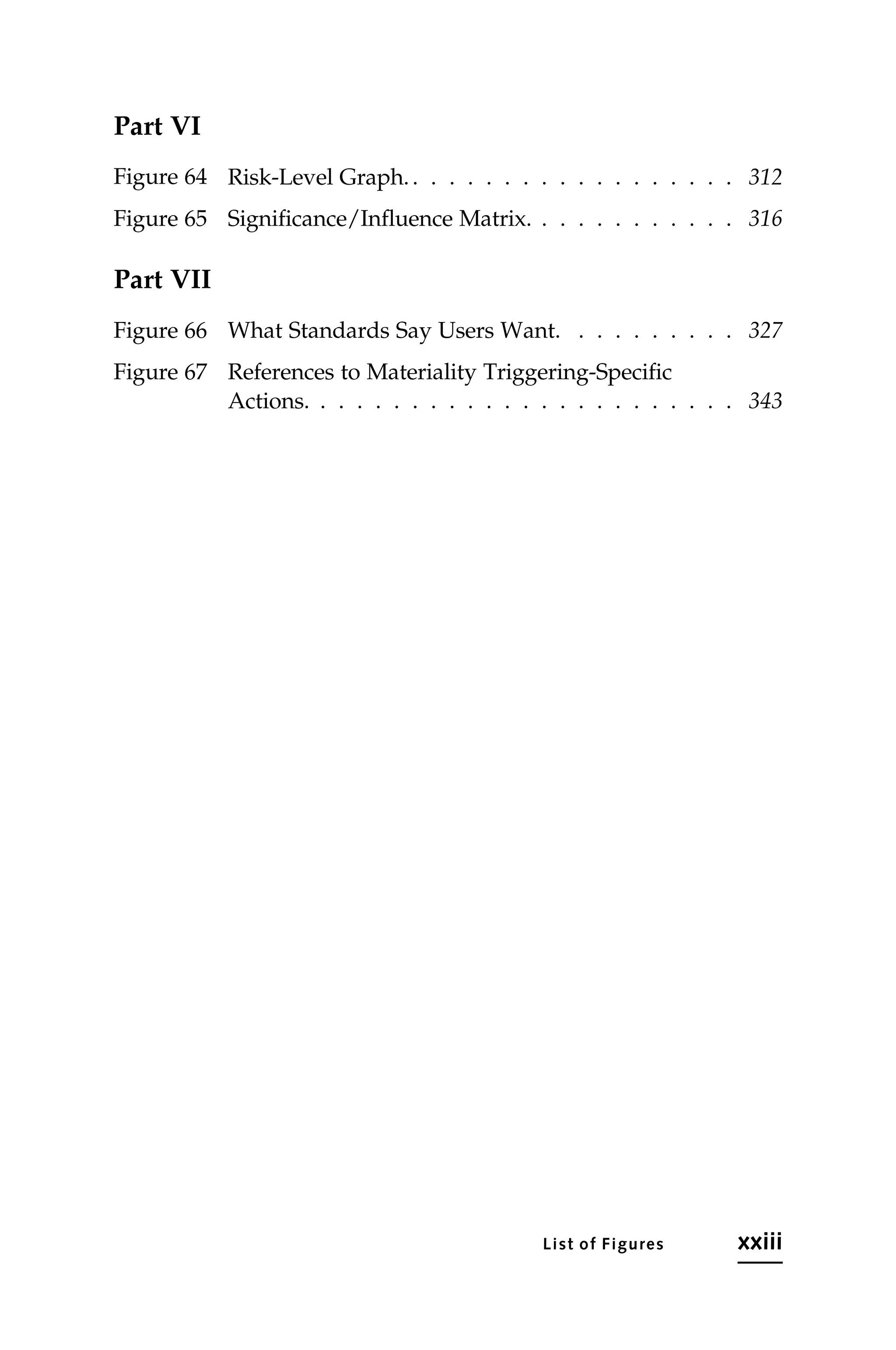 Part VI
Figure 64 Risk-Level Graph.. . . . . . . . . . . . . . . . . . 312
Figure 65 Significance/Influence Matrix. . . . . . . . . . . . 316
Part VII
Figure 66 What Standards Say Users Want. . . . . . . . . . 327
Figure 67 References to Materiality Triggering-Specific
Actions. . . . . . . . . . . . . . . . . . . . . . . . 343
List of Figures xxiii
 