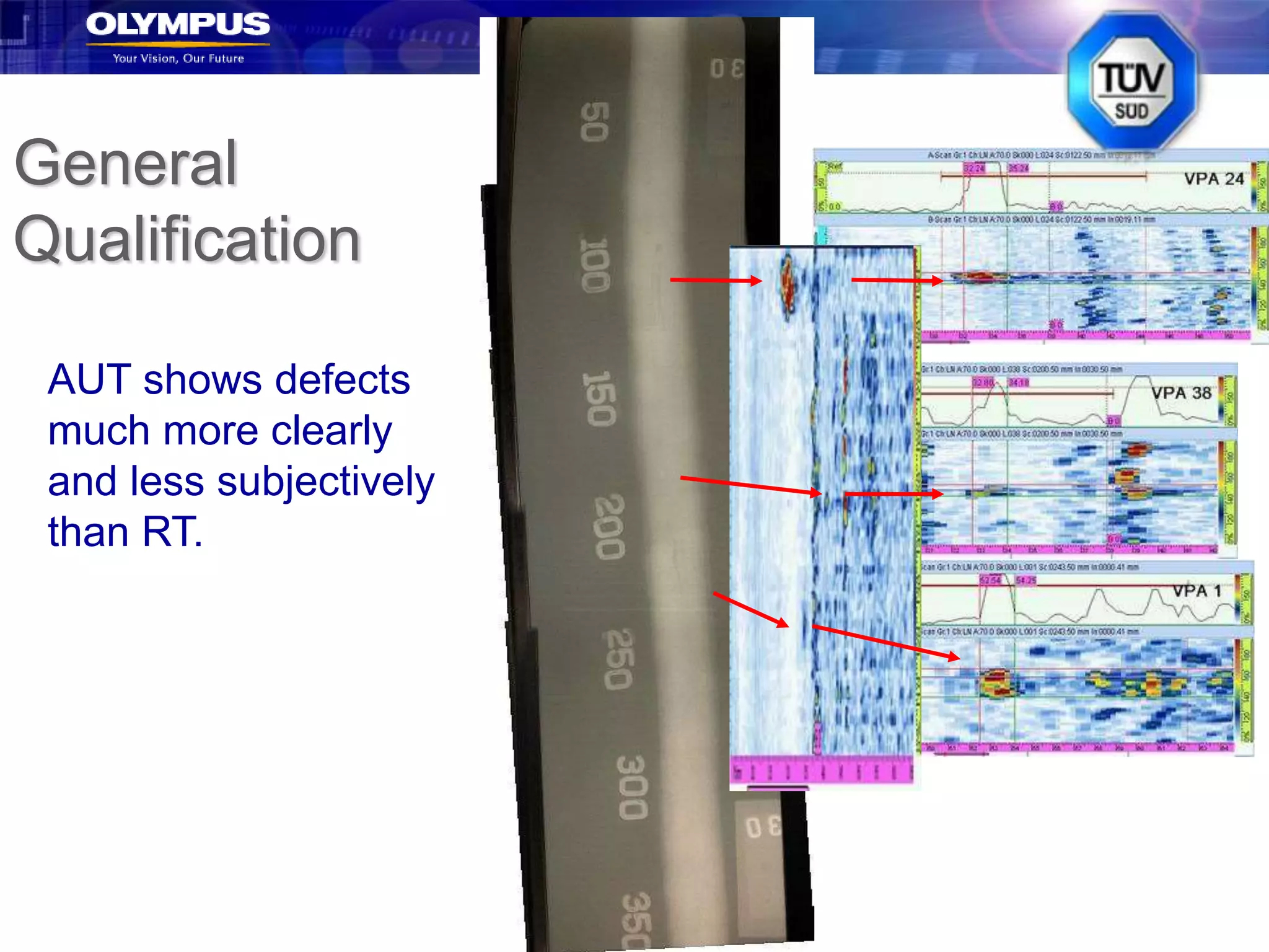 54
General
Qualification
AUT shows defects
much more clearly
and less subjectively
than RT.
 