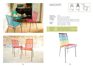 22 23
Mazunte
Structure :
Revêtement :
Peinture :
Cordage :
Emploi :
Poids :
Acier
Polyzinc anti-oxydation
Noir mat ou blanc mat
PVC haute résistance à mémoire de forme
et traité contre les UV. 100% recyclable.
Intérieur et/ou extérieur
Sans accoudoirs - 5.6 kg
Avec accoudoirs - 6.2 kg
51*
87*
45*
Couleurs :
Versions :
Designer :
17 couleurs de jonc et 1 cuir naturel
Avec ou sans accoudoirs
Nicolas Garet & Julien Adam (France)
46*54*
 