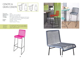 24 25
Structure :
Revêtement :
Peinture :
Cordage :
Emploi :
Poids :
Acier
Polyzinc anti-oxydation
Noir mat ou blanc mat
PVC haute résistance à mémoire de forme
et traité contre les UV. 100% recyclable.
Intérieur et/ou extérieur
Cenote - 7.5 kg
Gran Cenote - 8.3 kg
93*
Couleurs :
Versions :
Designer :
17 couleurs de jonc et 1 cuir naturel
Cenote H65cm / Gran Cenote H82cm
Julien Adam (France)
65*
108*
82*
47* 46*50*
CENOTE &
GRAN CENOTE
59*
 