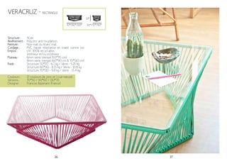 36 37
Structure :
Revêtement :
Peinture :
Cordage :
Emploi :
Plateau :
Poids :
Acier
Polyzinc anti-oxydation.
Noir mat ou blanc mat
PVC haute résistance et traité contre les
UV. 100% recyclable.
Intérieur et/ou extérieur
6mm verre trempé (50*70 cm)
8mm verre trempé (60*90 cm & 70*110 cm)
Structure 50*70 - 6.7 kg / Verre - 5.25 kg
Structure 60*90 - 8.15 kg / Verre - 10.8 kg
Structure 70*110 - 9.8 kg / Verre - 15.4 kg
Couleurs :
Versions :
Designer :
17 couleurs de jonc et 1 cuir naturel
70*50 / 90*60 / 110*70
Francois Bazenant (France)
50*/70*/90*
33*
70*/90*/110*
VERACRUZ - RECTANGLE
 