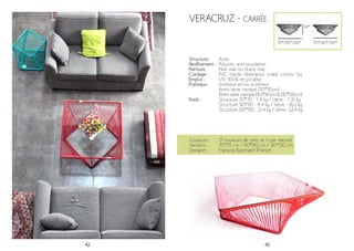 42 43
Veracruz - Carrée
Structure :
Revêtement :
Peinture :
Cordage :
Emploi :
Plateaux:
Poids :
Acier
Polyzinc anti-oxydation
Noir mat ou blanc mat
PVC haute résistance traité contre les
UV. 100% recyclable.
Intérieur et/ou extérieur
6mm verre trempé (70*70cm)
8mmverretrempé(90*90cm&110*110cm)
Structure 70*70 - 7.4 kg / Verre - 7.35 kg
Structure 90*90 - 8.4 kg / Verre - 16.2 kg
Structure 110*110 - 11.4 kg / Verre- 22.4 kg
70*/90*/110*
Couleurs:
Versions :
Designer :
17 couleurs de jonc et 1 cuir naturel
70*70 cm / 90*90 cm / 110*110 cm
François Bazenant (France)
34*
70*/90*/110*
 