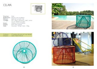 44 45
Celaya
Structure :
Revêtement :
Peinture :
Cordage :
Emploi :
Plateau:
Poids :
Acier
Polyzinc anti-oxydation
Noir mat ou blanc mat
PVC haute résistance traité contre
les UV. 100% recyclable
Intérieur et/ou extérieur
6mm verre trempé
Structure - 9.9 kg / Verre - 5.9kg
Couleurs :
Designer :
17 couleurs de jonc et 1 cuir naturel
Julien Adam (France)
69*
46*
 