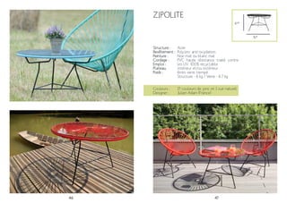 46 47
Zipolite
Structure :
Revêtement :
Peinture :
Cordage :
Emploi :
Plateau:
Poids :
Acier
Polyzinc anti-oxydation.
Noir mat ou blanc mat
PVC haute résistance traité contre
les UV. 100% recyclable.
Intérieur et/ou extérieur
6mm verre trempé
Structure - 6 kg / Verre - 6.7 kg
Couleurs :
Designer :
17 couleurs de jonc et 1 cuir naturel
Julien Adam (France)
76*
47*
 