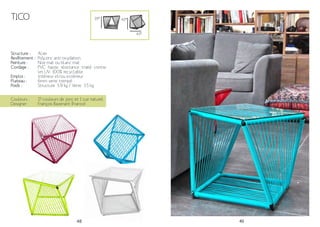 48 49
Tico
Structure :
Revêtement :
Peinture :
Cordage :
Emploi :
Plateau :
Poids :
Acier
Polyzinc anti-oxydation.
Noir mat ou blanc mat
PVC haute résistance traité contre
les UV. 100% recyclable.
Intérieur et/ou extérieur
6mm verre trempé
Structure 5.9 kg / Verre 3.5 kg
43*
Couleurs :
Designer :
17 couleurs de jonc et 1 cuir naturel
François Bazenant (France)
43*39*
 