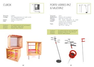 68 69
Cubox
Structure :
Cordage :
Emploi :
Poids :
Chêne
PVC haute résistance et traité contre
les UV. 100% recyclable.
Intérieur uniquement
12 kg
42*
38*
Couleurs :
Versions :
Designer :
17 couleurs de jonc et 1 cuir naturel
Avec pieds / Sans pieds
Nicolas Garet (France)
Structure :
Revêtement :
Peinture :
Cordage :
Emploi :
Poids :
Acier
Polyzinc anti-oxydation.
Noir mat ou blanc mat
PVC haute résistance et traité
contre les UV. 100% recyclable.
Intérieur et/ou extérieur
Multipaz 105 cm - 5.1 kg
Paz 75 cm - 0.65 kg
Couleurs :
Versions :
Designer :
17 couleurs de jonc et 1 cuir naturel
Multipaz H 103 cm / Paz H75 cm
Nicolas Garet (France)
PORTE-VERRES PAZ
& MULTIPAZ
75* 105*
 