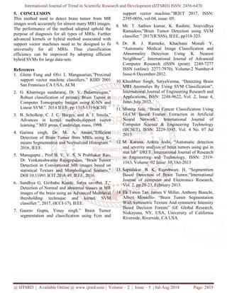 International Journal of Trend in Scientific Research and Development (IJTSRD) ISSN: 2456-6470
@ IJTSRD | Available Online @ www.ijtsrd.com | Volume – 2 | Issue – 5 | Jul-Aug 2018 Page: 2415
5. CONCLUSION
This method used to detect brain tumor from MR
images work accurately for almost many MRI images.
The performance of the method adopted uphold the
purpose of diagnosis for all types of MRIs. Further
advanced kernels or hybrid method associated with
support vector machines need to be designed to fit
universally for all MRIs. Thus classification
efficiency can be improved by adopting efficient
hybrid SVMs for large data-sets.
References
1. Glenn Fung and Olvi L Mangasarian,”Proximal
support vector machine classifiers.” KDD 2001
San Fransisco CA USA, ACM.
2. G. Kharmega sundararaj, Dr. V. Balamurugan,”
Robust classification of primary Brain Tumor in
Computer Tomography Images using K-NN and
Linear SVM.”. 2014 IEEE, pp 1315-1319(IC3I).
3. B. Scholkop, C. J. C. Burges, and A. J. Smola,”
Advances in kernel methods-support vector
learning.” MIT press, Cambridge, mass, 1998.
4. Garima singh, Dr. M. A. Ansari,”Efficient
Detection of Brain Tumor from MRIs using K-
means Segmentation and Normalized Histogram.”
2016, IEEE.
5. Manugupta , Prof B. V. V. S. N Prabhakar Rao,
Dr. Venkateshwaran Rajagopalan, “Brain Tumor
Detection in Conventional MR images based on
statistical Texture and Morphological features.”
DOI 10.11091 ICIT.2016.49, IEEE, 2016.
6. Sandhya G, Giribabu Kande, Satya savithri. T,”
Detection of Normal and abnormal tissues in MR
images of the brain using an Advanced Multilevel
thresholding technique and kernel SVM
classifier.”, 2017, (ICCI-17), IEEE.
7. Gaurav Gupta, Vinay singh.” Brain Tumor
segmentation and classification using Fcm and
support vector machine.”IRJET 2017, ISSN:
2395-0056, vol-04, issue: 05.
8. Mr. T. Sathies kumar, K. Rashmi, Sreevidhya
Ramadoss,”Brain Tumor Detection using SVM
classifier.” 2017(ICSSS), IEEE, pp318-323.
9. Dr. R. J. Ramteke, Khachane Monali Y,
“Automatic Medical Image Classification and
Abnormality Detection Using K Nearest
Neighbour”, International Journal of Advanced
Computer Research (ISSN (print): 2249-7277
ISSN (online): 2277-7970), Volume-2 Number-4
Issue-6 December-2012.
10. Khushboo Singh, SatyaVerma, “Detecting Brain
MRI Anomalies By Using SVM Classification”,
International Journal of Engineering Research and
Applications, ISSN: 2248-9622, Vol. 2, Issue 4,
June- July 2012.
11. Shweta Jain, “Brain Cancer Classification Using
GLCM Based Feature Extraction in Artificial
Neural Network”, International Journal of
Computer Science & Engineering Technology
(IJCSET), ISSN: 2229-3345, Vol. 4 No. 07 Jul
2013.
12. M. Karuna, Ankita Joshi, “Automatic detection
and severity analysis of brain tumors using gui in
mat lab” IJRET: International Journal of Research
in Engineering and Technology, ISSN: 2319-
1163, Volume: 02 Issue: 10, Oct-2013
13. Saptalakar. B. K, Rajeshwari. H, “Segmenttion
Based Detection of Brain Tumor,”International
Journal of computer and Electronics Research,
Vol. 2, pp.20-23, February 2013.
14. Ek Tsoon Tan, James V Miller, Anthony Bianchi,
Albert Montello- “Brain Tumor Segmentation
With Symmetric Texture And symmetric Intensity
Based Decision Forests” GE Global Research,
Niskayuna, NY, USA, University of California
Riverside, Riverside, CA USA.
 