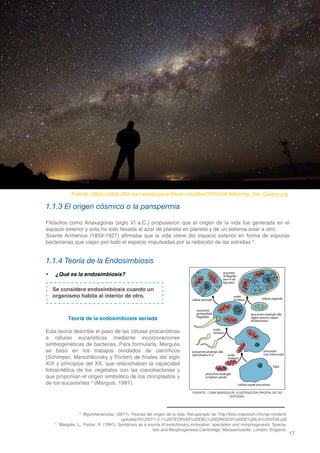 17
DOMINIO CIENTÍFICO
1.1.3 El origen cósmico o la panspermia
Filósofos como Anaxagoras (siglo VI a.C.) propusieron que el origen de la vida fue generada en el
espacio exterior y esta ha sido llevada al azar de planeta en planeta y de un sistema solar a otro.
Svante Arrhenius (1859-1927) afirmaba que la vida viene del espacio exterior en forma de esporas
bacterianas que viajan por todo el espacio impulsadas por la radiación de las estrellas 3
.
1.1.4 Teoría de la Endosimbiosis
•	 ¿Qué es la endosimbiosis?
Teoría de la endosimbiosis seriada
Esta teoría describe el paso de las células procarióticas
a células eucarióticas mediante incorporaciones
simbiogenéticas de bacterias. Para formularla, Margulis
se basó en los trabajos olvidados de científicos
(Schimper, Merezhkovsky y Portier) de finales del siglo
XIX y principios del XX, que relacionaban la capacidad
fotosintética de los vegetales con las cianobacterias y
que proponían el origen simbiótico de los cloroplastos y
de los eucariontes 4
(Marguis, 1991).
3
Myprofeciencias. (2011). Teorías del origen de la vida. Recuperado de: http://bloc.mabosch.info/wp-content/
uploads/2012/07/1.2.1%20TEORIAS%20DEL%20ORIGEN%20DE%20LA%20VIDA.pdf
4
Margulis, L., Fester, R. (1991). Symbiosis as a source of evolutionary innovation: speciation and morphogenesis. Specia-
tion and Morphogenesis.Cambridge, Massachusetts. London, England.
Fuente: https://cdnb.20m.es/ciencia-para-llevar-csic/files/2015/04/Admiring_the_Galaxy.jpg
Se considera endosimbiosis cuando un
organismo habita al interior de otro.
FUENTE: LYNN MARGULIS, ILUSTRACIÓN PROPIA DE SU
ESTUDIO.
 