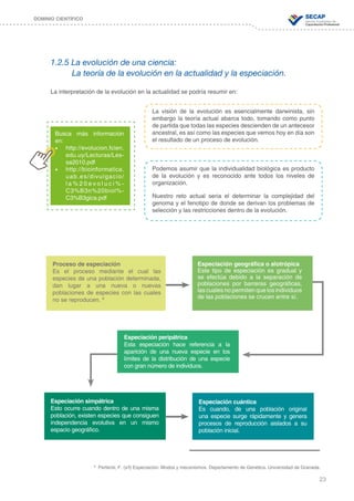 23
DOMINIO CIENTÍFICO
1.2.5 La evolución de una ciencia:
	 La teoría de la evolución en la actualidad y la especiación.
La interpretación de la evolución en la actualidad se podría resumir en:
Busca más información
en:
•	 http://evolucion.fcien.
edu.uy/Lecturas/Les-
sa2010.pdf
•	 http://bioinformatica.
uab.es/divulgacio/
l a % 2 0 e v o l u c i % -
C3%B3n%20biol%-
C3%B3gica.pdf
La visión de la evolución es esencialmente darwinista, sin
embargo la teoría actual abarca todo, tomando como punto
de partida que todas las especies descienden de un antecesor
ancestral, es así como las especies que vemos hoy en día son
el resultado de un proceso de evolución.
Podemos asumir que la individualidad biológica es producto
de la evolución y es reconocido ante todos los niveles de
organización.
Nuestro reto actual seria el determinar la complejidad del
genoma y el fenotipo de donde se derivan los problemas de
selección y las restricciones dentro de la evolución.
Proceso de especiación
Es el proceso mediante el cual las
especies de una población determinada,
dan lugar a una nueva o nuevas
poblaciones de especies con las cuales
no se reproducen. 9
Especiación peripátrica
Esta especiación hace referencia a la
aparición de una nueva especie en los
límites de la distribución de una especie
con gran número de individuos.
Especiación geográfica o alotrópica
Este tipo de especiación es gradual y
se efectúa debido a la separación de
poblaciones por barreras geográficas,
las cuales no permiten que los individuos
de las poblaciones se crucen entre sí.
Especiación simpátrica
Esto ocurre cuando dentro de una misma
población, existen especies que consiguen
independencia evolutiva en un mismo
espacio geográfico.
Especiación cuántica
Es cuando, de una población original
una especie surge rápidamente y genera
procesos de reproducción aislados a su
población inicial.
9
Perfectii, F. (s/f) Especiación: Modos y mecanismos. Departamento de Genética. Universidad de Granada.
 