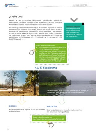 24
DOMINIO CIENTÍFICO
Investiga un poco:
Busca ejemplos de
especies terrestres
que cumplan con
cada uno de los tipos
de especiación.
Busca más información en:
•	 http://sea-entomologia.org/PDF/BO-
LETIN_26/B26-037-561.pdf
•	 http://www.puce.edu.ec/publicacio-
nes/Centro_de_Publicaciones/Revis-
tas/Publicaciones/Revista%2066.pdf
•	 http://unl.edu.ec/sites/default/files/in-
vestigacion/revistas/2014-9-6/6_arti-
culo_de_revision_44-49_b1.pdf
¿SABÍAS QUE?
Debido a las condiciones geográficas, geopolíticas, geológicas,
topográficas, climáticas, precipitaciones, temperatura, factores biológicos
y evolutivos, Ecuador es considerado un país mega diverso.
Se calcula que aproximadamente el 10% de todas las especies de plantas
en el mundo las tenemos aquí, el 18% de aves del mundo, cerca de 3.800
especies de vertebrados identificados, 1550 mamíferos, 350 reptiles,
800 especies de peces de agua dulce y 450 de agua salada. El número
de insectos es incierto pero solo en mariposas existen 4500 especies
identificadas (CONSULADO DEL ECUADOR EN EL REINO DE LOS
PAISES BAJOS, s.f.).
BIOTOPO
Hace referencia a un espacio biofísico o el medio
ambiente físico.
BIOCENOSIS
Es el conjunto de seres vivos, los cuales conviven
con relaciones interespecíficas.
Un ecosistema es el conjunto formado por el biotopo, la
biocenosis, y las relaciones que existen entre ellos
Busca más información en:
http://www.hypergeo.eu/spip.php?article428
1.3. El Ecosistema
 