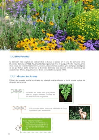 28
DOMINIO CIENTÍFICO
1.3.2 Biodiversidad
La definición más aceptada de biodiversidad, es la que se adoptó en el seno del Convenio sobre
Diversidad Biológica en 1992: “la variabilidad de organismos vivos de cualquier fuente, incluidos, entre
otras cosas, los ecosistemas terrestres, marinos, otros sistemas acuáticos y los complejos ecológicos
de los que forman parte; comprende la diversidad dentro de cada especie, entre las especies y los
ecosistemas” (Oficina de publicaciones de las comunidades europeas, 1992).
1.3.2.1 Grupos funcionales
Existen dos grandes grupos funcionales, su principal característica es la forma en que obtiene su
alimento. Así tenemos:
Fuente: https://pixabay.com/es/flores-verano-jard%C3%ADn-parque-260202/
Autótrofos
Heterótrofos
Busca más información en:
•	 http://www.ecomilenio.es/
wp-content/uploads/2010/10/
que-es-la-biodiversidad-web.
pdf
Son todos los seres vivos que pueden
crear su propio alimento a través del
uso de sustancias inorgánicas.
Son todos los seres vivos que necesitan de otros
organismos para alimentarse.
 