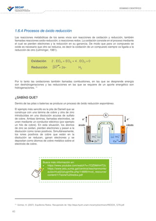 40
DOMINIO CIENTÍFICO
1.6.4 Procesos de óxido reducción
Las reacciones metabólicas de los seres vivos son reacciones de oxidación y reducción, también
llamadas reacciones oxido-reducción, o reacciones redox. La oxidación consiste en el proceso mediante
el cual se pierden electrones y la reducción en su ganancia. De modo que para un compuesto se
oxide es necesario que otro se reduzca, es decir la oxidación de un compuesto siempre va ligada a la
reducción de otro (Lehninger, 1981).
Por lo tanto las oxidaciones también llamadas combustiones, en las que se desprende energía
son deshidrogenaciones y las reducciones en las que se requiere de un aporte energético son
hidrogenaciones. 15
¿SABÍAS QUE?
Dentro de las pilas o baterías se produce un proceso de óxido reducción espontáneo.
El ejemplo más sencillo es la pila de Daniell que se
construye con una lámina de cobre y otra de zinc
introducidas en una disolución acuosa de sulfato
de cobre. Ambas láminas, llamadas electrodos, se
unen mediante un conductor eléctrico (por ejemplo
un hilo de cobre). En esta situación, los átomos
de zinc se oxidan, pierden electrones y pasan a la
disolución como iones positivos. Simultáneamente,
los iones positivos de cobre que están en la
disolución se reducen, ganan electrones y se
depositan como átomos de cobre metálico sobre el
electrodo de cobre.
Oxidación 2 . EOH + EOs + 4 . EOO = 0
Reducción 2H+
+ 2e- H2
Busca más información en:
•	 https://www.youtube.com/watch?v=7OZ5MrhHT2c
•	 https://www.edu.xunta.gal/centros/ieschanmonte/
aulavirtual2/pluginfile.php/14689/mod_resource/
content/1/Teoria%20redox.pdf
15
Gómez, H. (2007). Equilibrios Redox. Recuperado de: http://depa.fquim.unam.mx/amyd/archivero/REDOX_1276.pdf
 