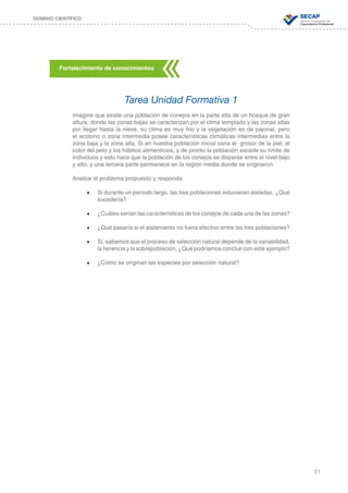 51
DOMINIO CIENTÍFICO
Tarea Unidad Formativa 1
Imagine que existe una población de conejos en la parte alta de un bosque de gran
altura, donde las zonas bajas se caracterizan por el clima templado y las zonas altas
por llegar hasta la nieve, su clima es muy frio y la vegetación es de pajonal, pero
el ecotono o zona intermedia posee características climáticas intermedias entre la
zona baja y la zona alta. Si en nuestra población inicial varia el grosor de la piel, el
color del pelo y los hábitos alimenticios, y de pronto la población excede su límite de
individuos y esto hace que la población de los conejos se disperse entre el nivel bajo
y alto, y una tercera parte permanece en la región media donde se originaron.
Analice el problema propuesto y responda:
•	 Si durante un período largo, las tres poblaciones estuvieran aisladas. ¿Qué
sucedería?
•	 ¿Cuáles serían las características de los conejos de cada una de las zonas?
•	 ¿Qué pasaría si el aislamiento no fuera efectivo entre las tres poblaciones?
•	 Si, sabemos que el proceso de selección natural depende de la variabilidad,
la herencia y la sobrepoblación. ¿Qué podríamos concluir con este ejemplo?
•	 ¿Cómo se originan las especies por selección natural?
Fortalecimiento de conocimientos
 
