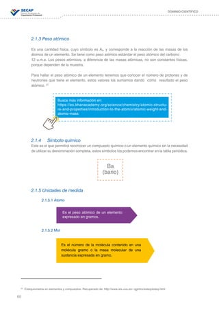60
DOMINIO CIENTÍFICO
2.1.3 Peso atómico
Es una cantidad física, cuyo símbolo es Ar, y corresponde a la reacción de las masas de los
átomos de un elemento. Se tiene como peso atómico estándar el peso atómico del carbono:
12 u.m.a. Los pesos atómicos, a diferencia de las masas atómicas, no son constantes físicas,
porque dependen de la muestra.
Para hallar el peso atómico de un elemento tenemos que conocer el número de protones y de
neutrones que tiene el elemento, estos valores los sumamos dando como resultado el peso
atómico. 22
2.1.4	 Símbolo químico
Este es el que permitirá reconocer un compuesto químico o un elemento químico sin la necesidad
de utilizar su denominación completa, estos símbolos los podemos encontrar en la tabla periódica.
2.1.5 Unidades de medida
2.1.5.1 Átomo
2.1.5.2 Mol
22
Estequiometria en elementos y compuestos. Recuperado de: http://www.eis.uva.es/~qgintro/esteq/esteq.html
Busca más información en:
https://es.khanacademy.org/science/chemistry/atomic-structu-
re-and-properties/introduction-to-the-atom/v/atomic-weight-and-
atomic-mass
Ba
(bario)
Es el peso atómico de un elemento
expresado en gramos.
Es el número de la molécula contenido en una
molécula gramo o la masa molecular de una
sustancia expresada en gramo.
 